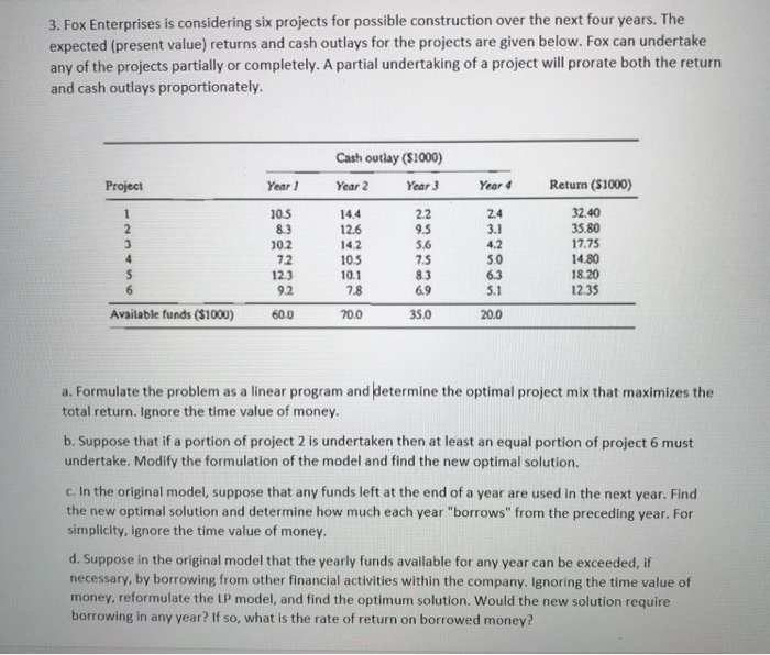 SOLVED 40 FOX ENTERPRISES IS CONSIDERING SIX PROJECTS FOR visual data 8