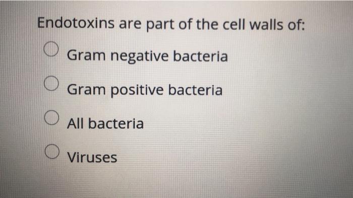 Endotoxins are part of the cell walls of: Gram negative bacteria Gram positive bacteria All bacteria Viruses