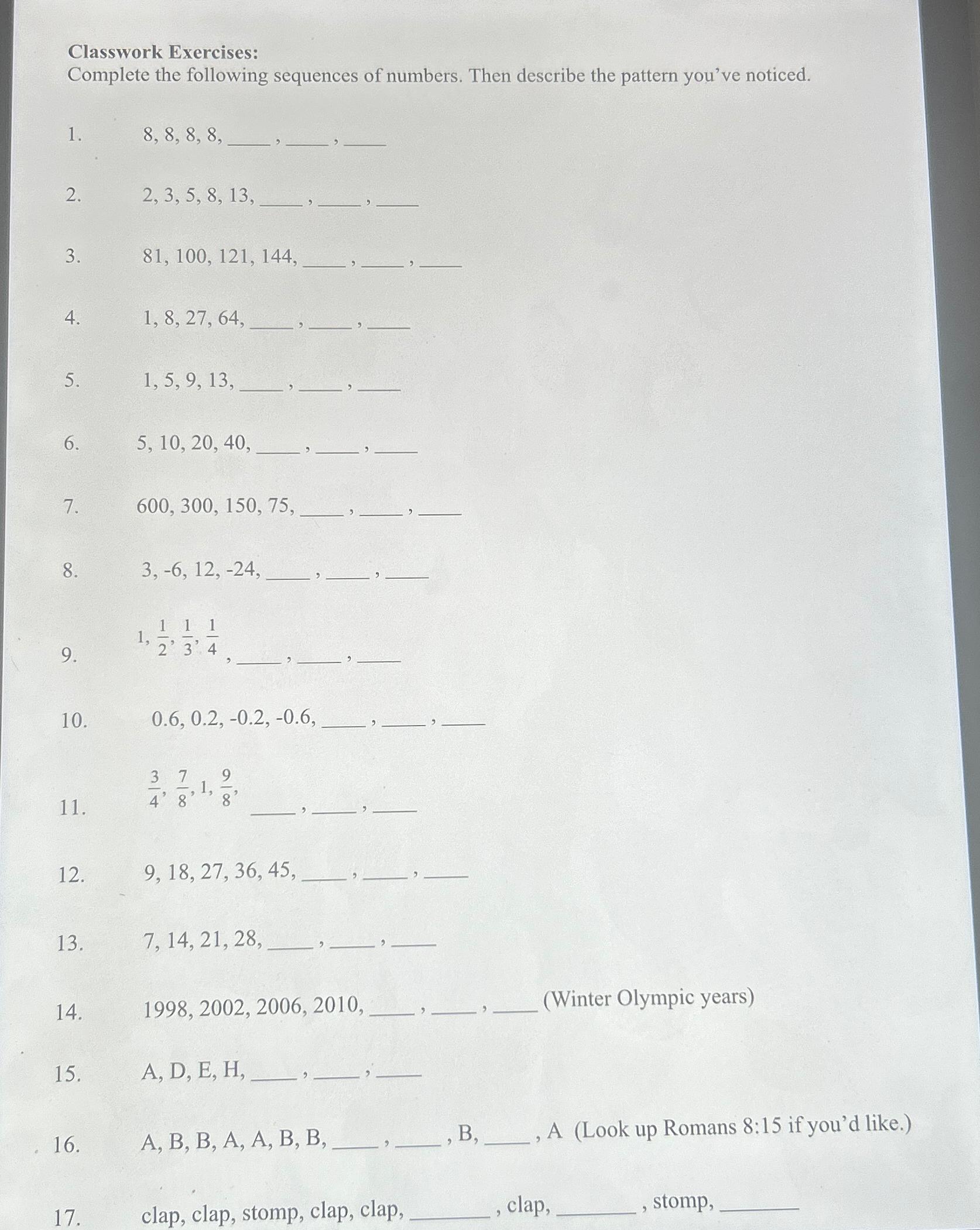 solved-classwork-exercises-complete-the-following-sequences-chegg