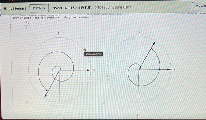 Draw an angle in standard position with the given measure.
\[
\frac{10 \pi}{3}
\]