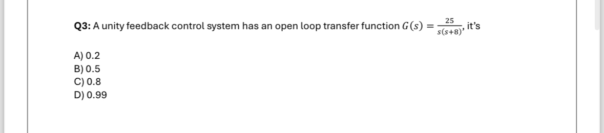 Solved Q3: A unity feedback control system has an open loop | Chegg.com