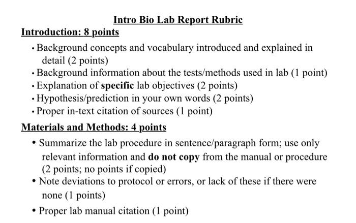 Solved Intro Bio Lab Report Rubric Introduction: 8 points - | Chegg.com