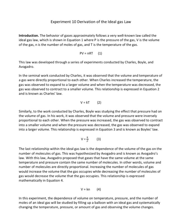 Solved Experiment 10 Derivation of the ideal gas Law | Chegg.com
