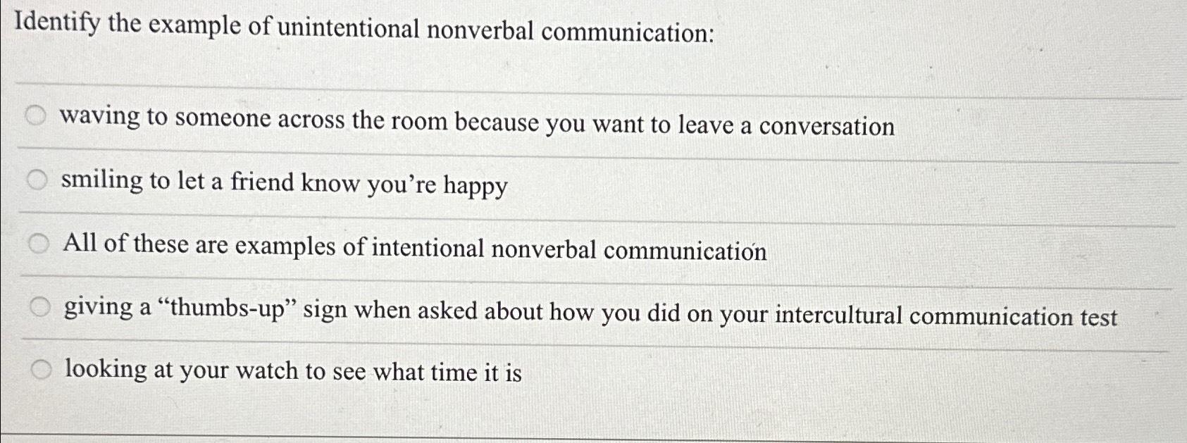 Solved Identify the example of unintentional nonverbal | Chegg.com
