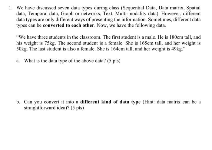 Solved We have discussed seven data types during class | Chegg.com