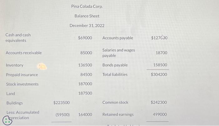 Pina Colada Corp. Balance Sheet December 31,2022 Cash | Chegg.com