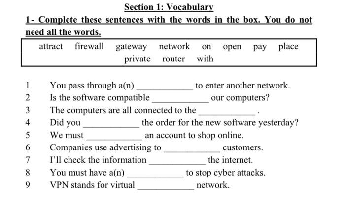 Solved Section 1: Vocabulary 1 - Complete these sentences | Chegg.com
