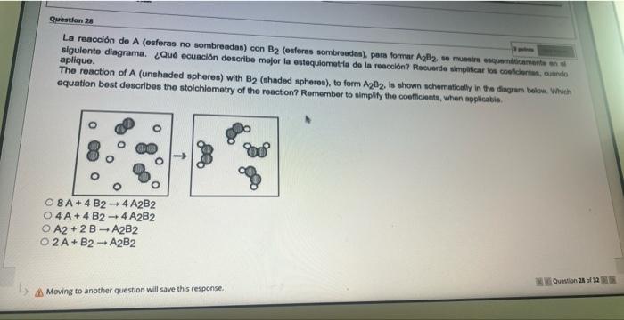 aplique. The reaction of \( \mathrm{A} \) (unshaded spheres) with \( \mathrm{B}_{2} \) (shaded spheres), to form \( \mathrm{