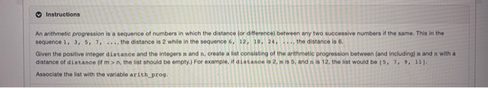 Solved Instructions An arithmetic progression is a sequence | Chegg.com