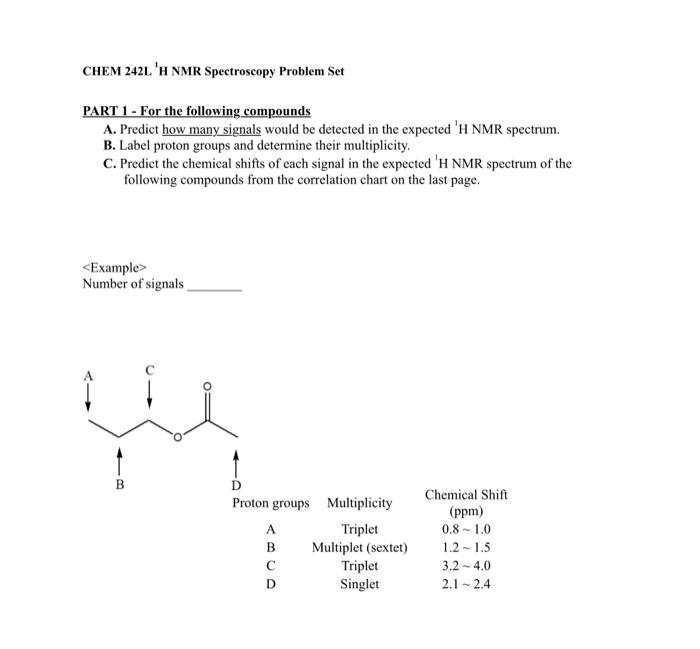 Solved CHEM 242L 'H NMR Spectroscopy Problem Set PART 1 - | Chegg.com
