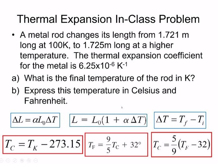 Solved Thermal Expansion In-Class Problem • A metal rod | Chegg.com
