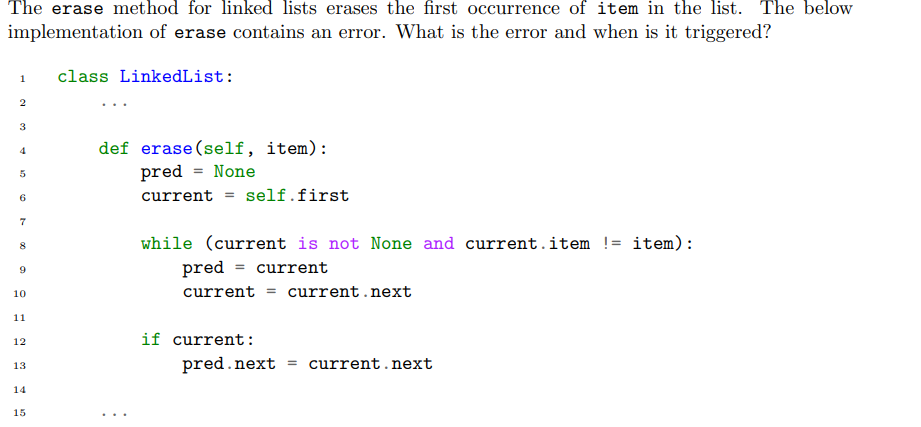 Solved The erase method for linked lists erases the first | Chegg.com