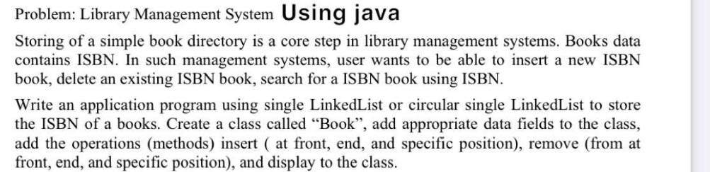 Solved Problem: Library Management System Using java Storing | Chegg.com