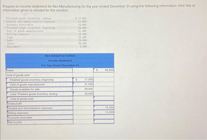 Solved Prepare an income statement for Rex Manufacturing for | Chegg.com