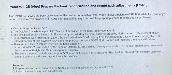 Solved Problem 4-2B (Algo) Prepare The Bank Reconciliation | Chegg.com