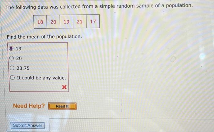 Solved The following data was collected from a simple random | Chegg.com