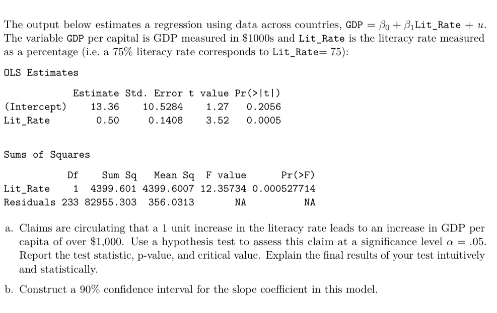 Solved The Output Below Estimates A Regression Using Data | Chegg.com