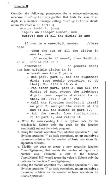 Solved Exercise II Consider the following pseudocode for a | Chegg.com
