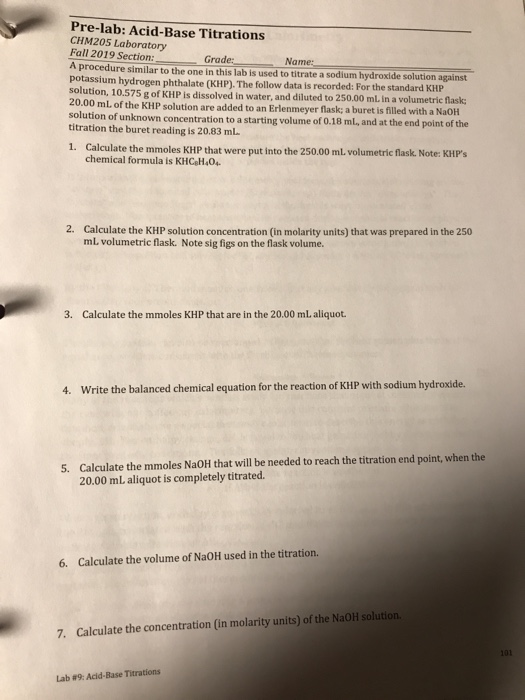 Solved Prelab AcidBase Titrations CHM205 Laboratory Fall