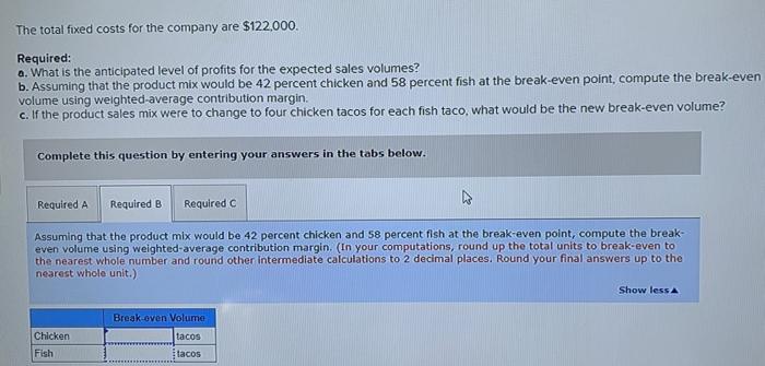 Solved The total fixed costs for the company are $122,000. | Chegg.com