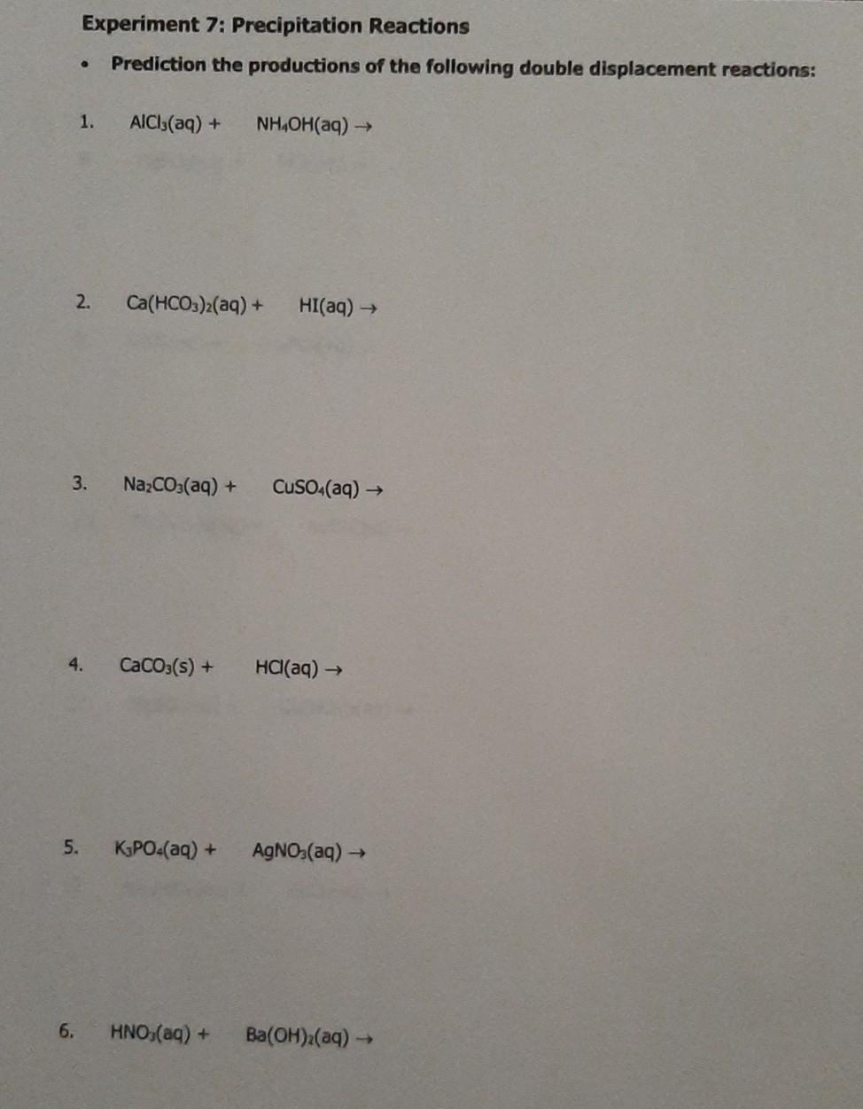 Solved Experiment 7: Precipitation Reactions Prediction the | Chegg.com