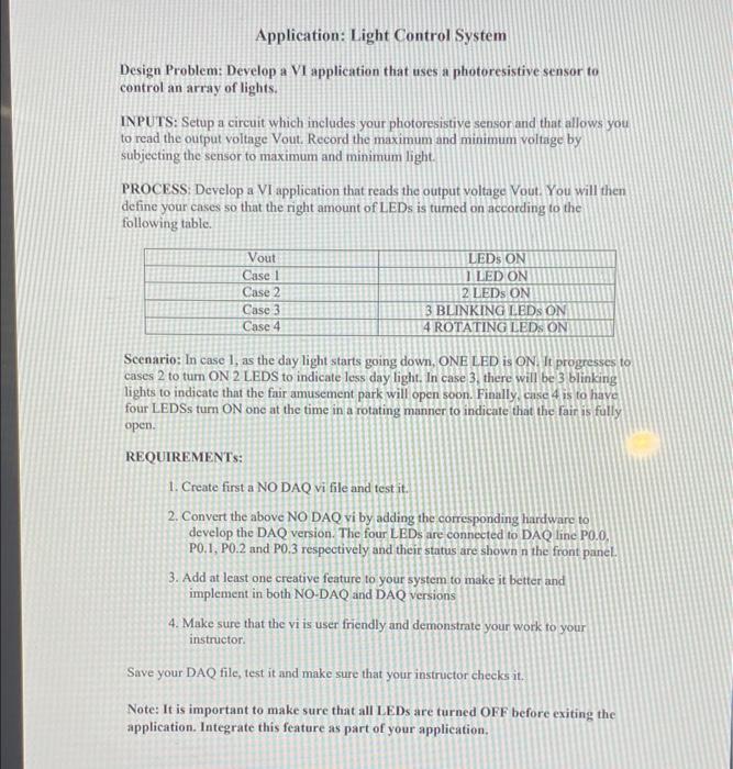 Solved Application: Light Control System Design Problem: | Chegg.com