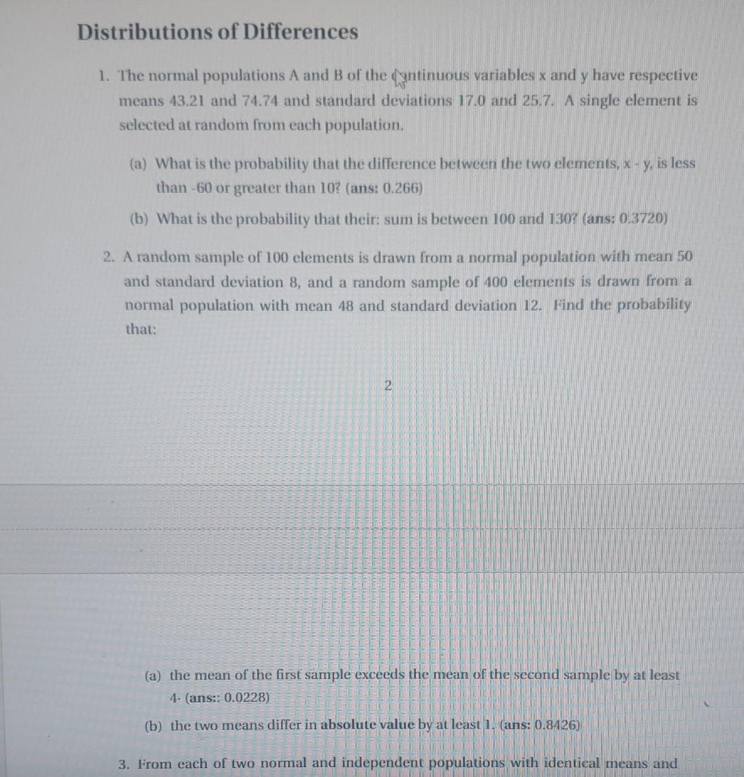 Distributions of Differences 1. The normal | Chegg.com
