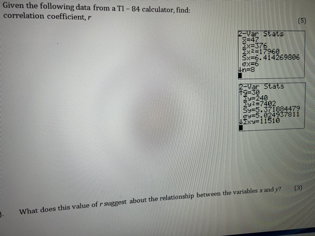 Solved Given the following data from a TI-84 calculator, | Chegg.com