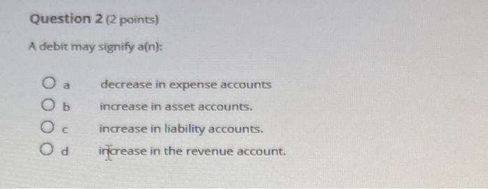Solved A debit may signify a(n): a decrease in expense | Chegg.com