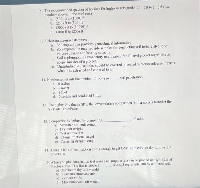 Solved 9. The recommended spacing of borings for highway | Chegg.com