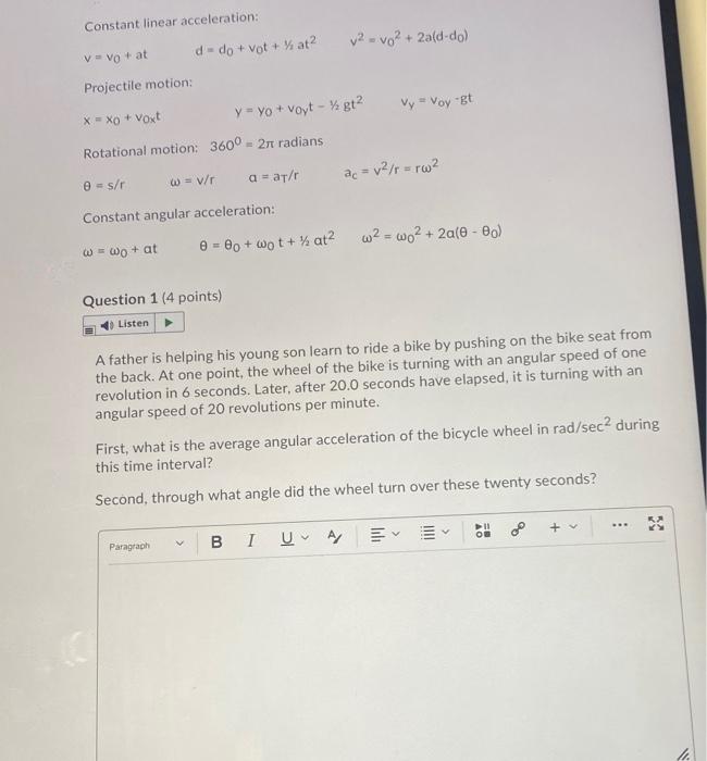 Solved Constant linear acceleration v2 = vo ² + 2a(ddo) V