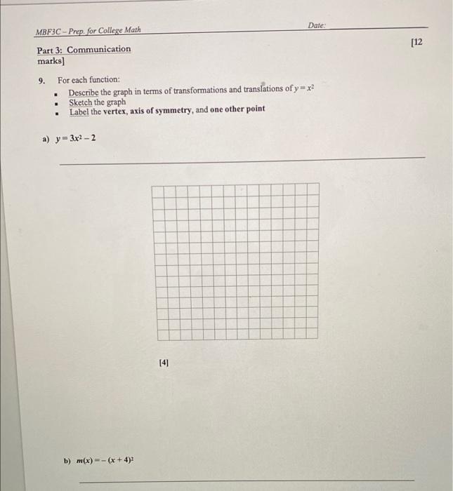 Solved Date: [12 MBF3C - Prep. for College Math Part 3: | Chegg.com