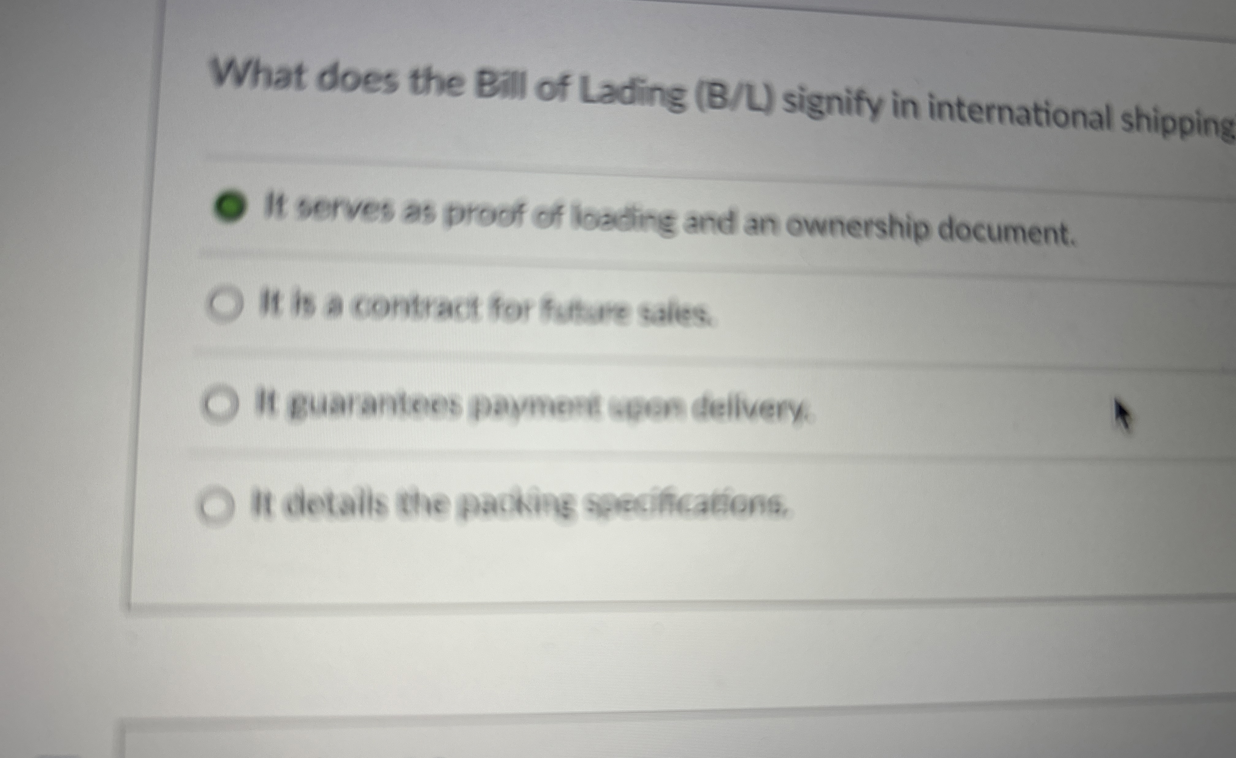 Solved What does the Bill of Lading ( BL ) ﻿signify in | Chegg.com