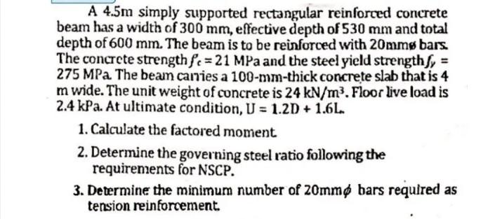 Solved A Reinforced Concrete Beam Has A Width Of 310mm And An