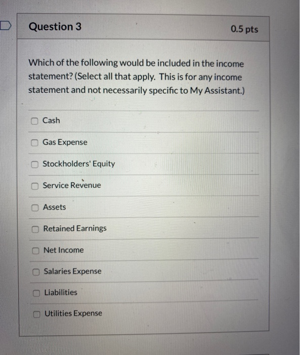 Solved D Question 3 0.5 pts Which of the following would be | Chegg.com