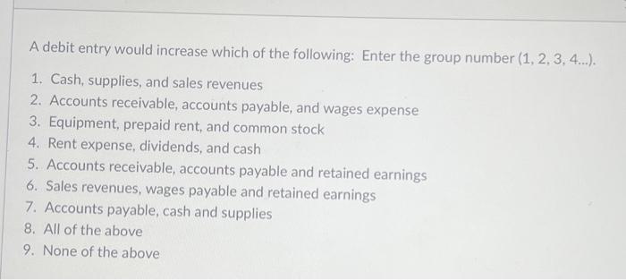 Solved A debit entry would increase which of the following: | Chegg.com