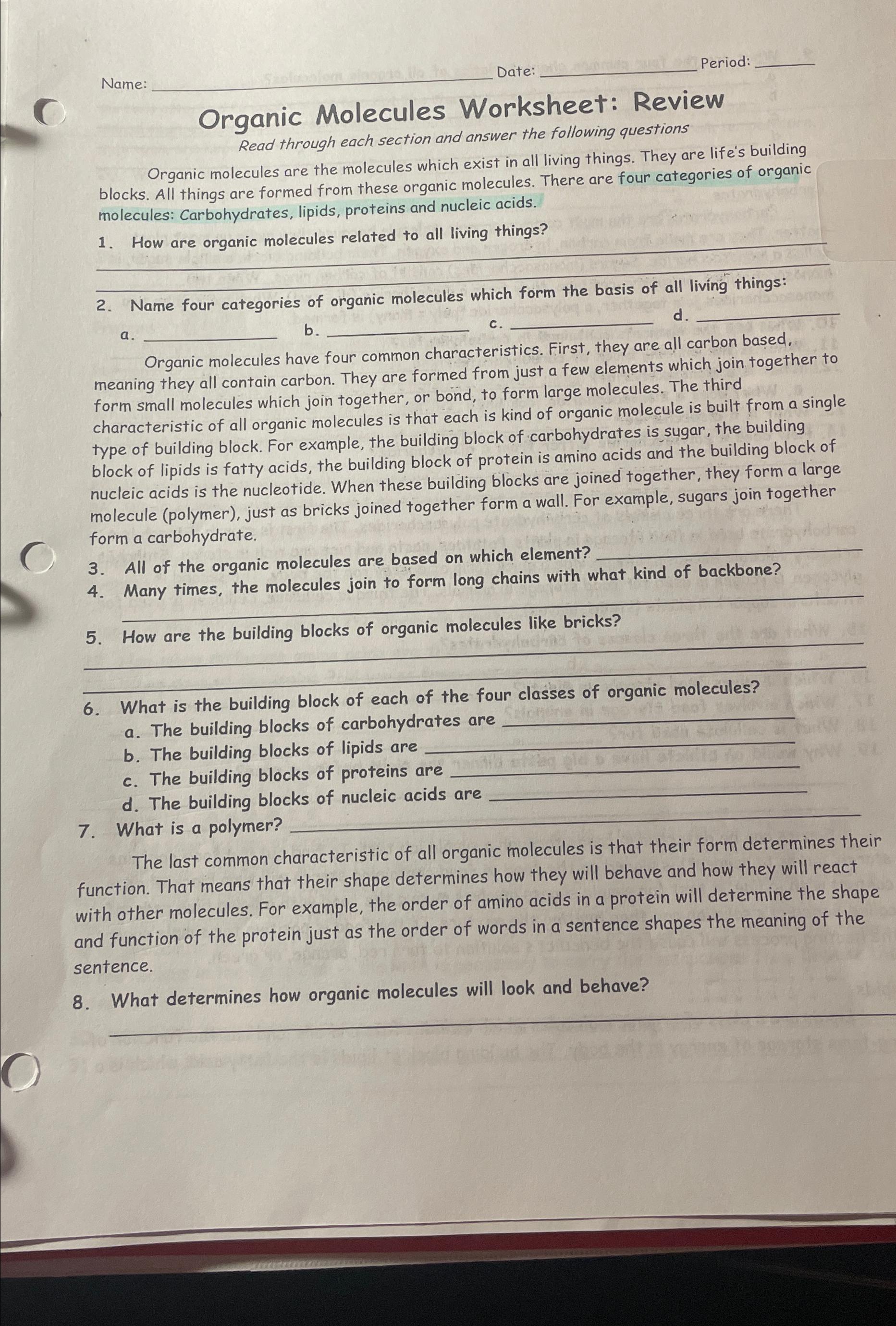 Solved Molecules Worksheet