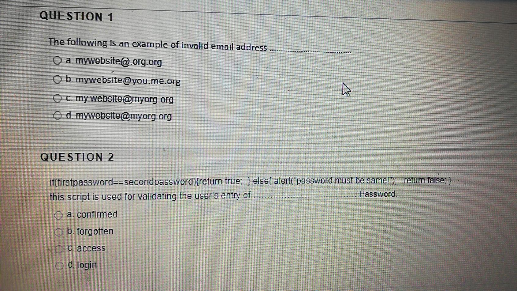 Solved QUESTION 1 The following is an example of invalid | Chegg.com