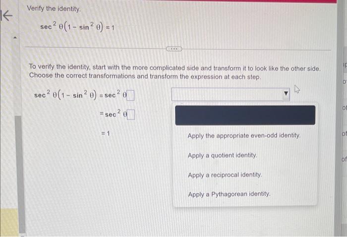 Verify the identity. sec2θ(1−sin2θ)=1 To verify the | Chegg.com