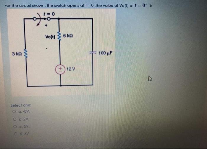 Solved For the circuit shown, the switch opens at t = 0.the | Chegg.com