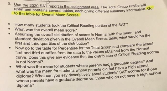 Use the 2020 SAT report in the assignment area. The | Chegg.com