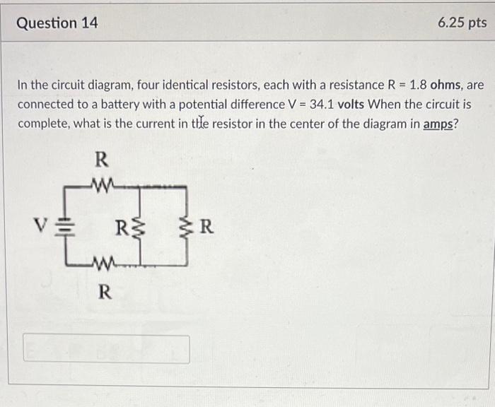 In the circuit diagram, four identical resistors, each with a resistance \( \mathrm{R}=1.8 \mathrm{ohms} \), are connected to