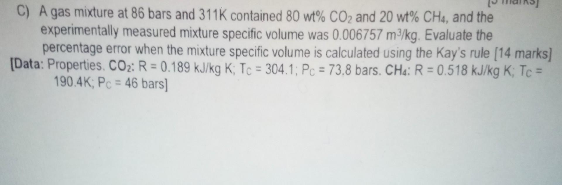 C) A gas mixture at 86 bars and 311K contained 80 wt% CO2 and 20 wt% CH4, and the
experimentally measured mixture specific vo