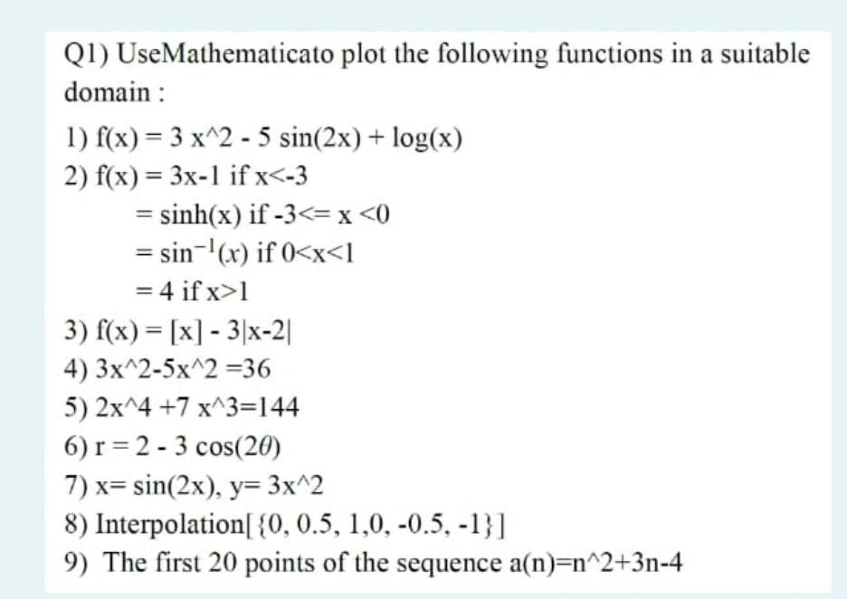 Solved Q1) UseMathematicato plot the following functions in | Chegg.com