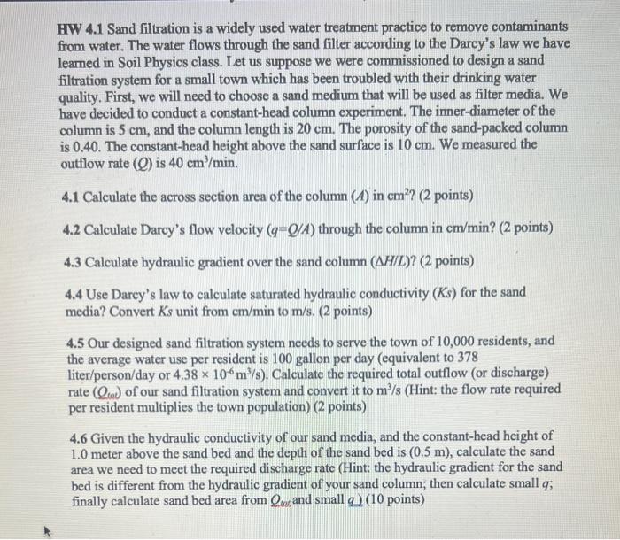 Solved HW 4.1 Sand filtration is a widely used water | Chegg.com