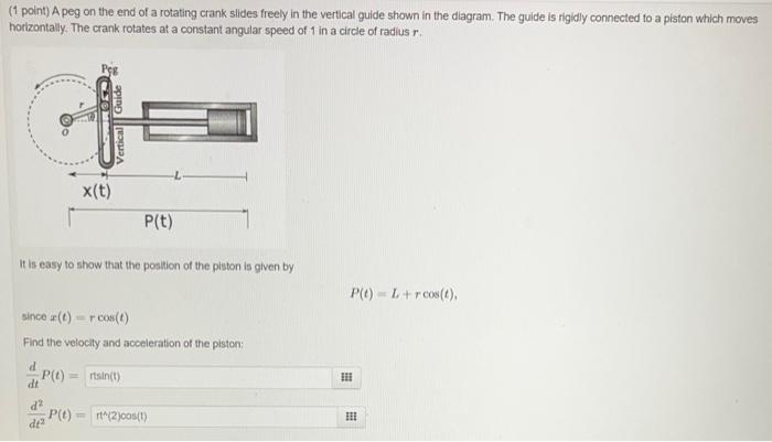 (1 point) A peg on the end of a rotating caank slides freely in the vertical guide shown in the diagram. The gulde is rigidly