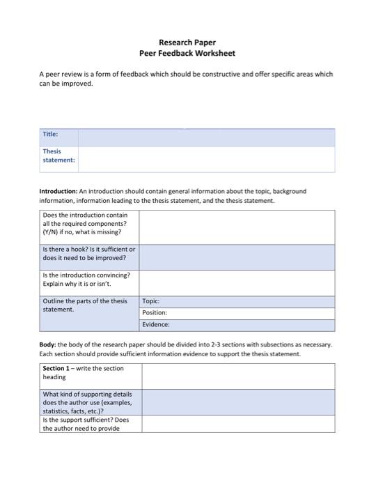 peer review worksheet research paper