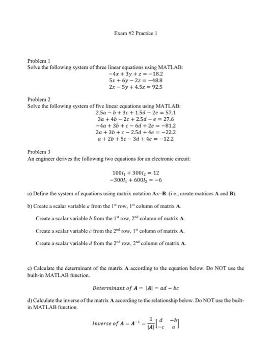 Solved Exam #2 Practice 1 Problemi Solve the following | Chegg.com