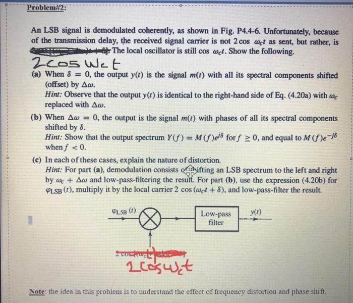 Problemi 2 An LSB signal is demodulated coherently,