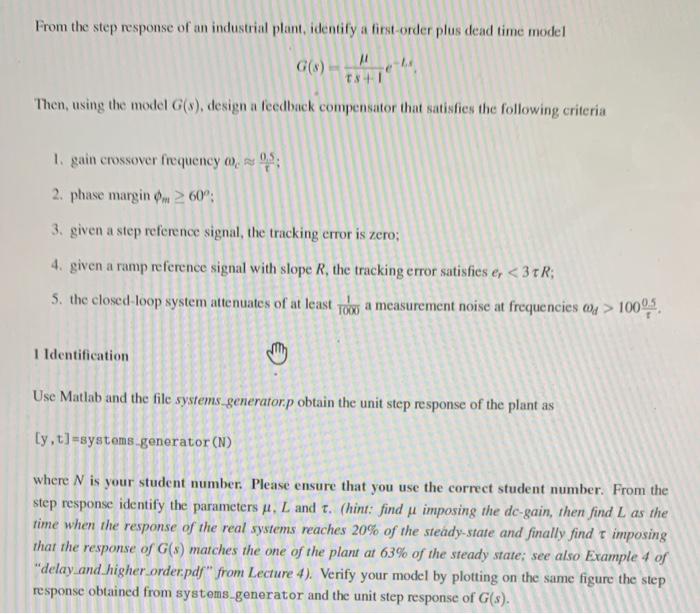 Solved From the step response of an industrial plant, | Chegg.com